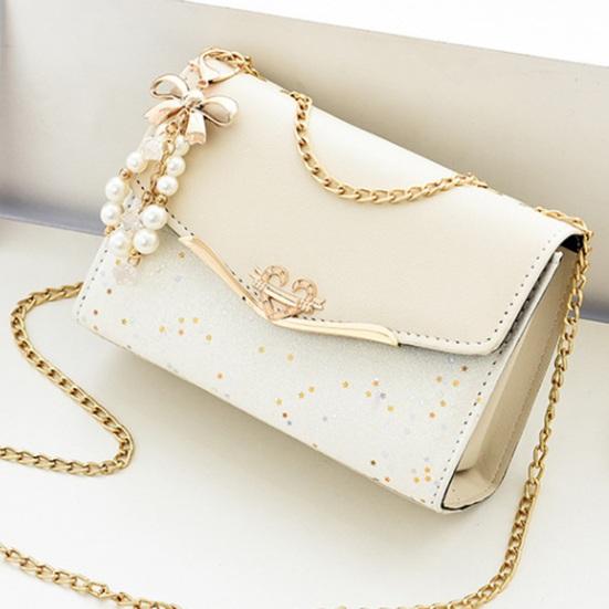 Women Shoulder Bag Faux Pearl Bow Pendant Decor Sequin Hard Shell Faux Leather Crossbody Bag Commuting Travel