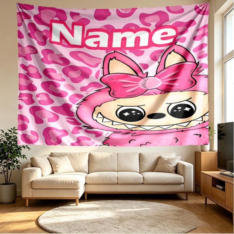 Custom Name Personalized Labubu Print Tapestry, Wall Art Decor, Bedroom, Dorm, Apartment, LivingRoom, Party Backdrop, Gift for Birthday