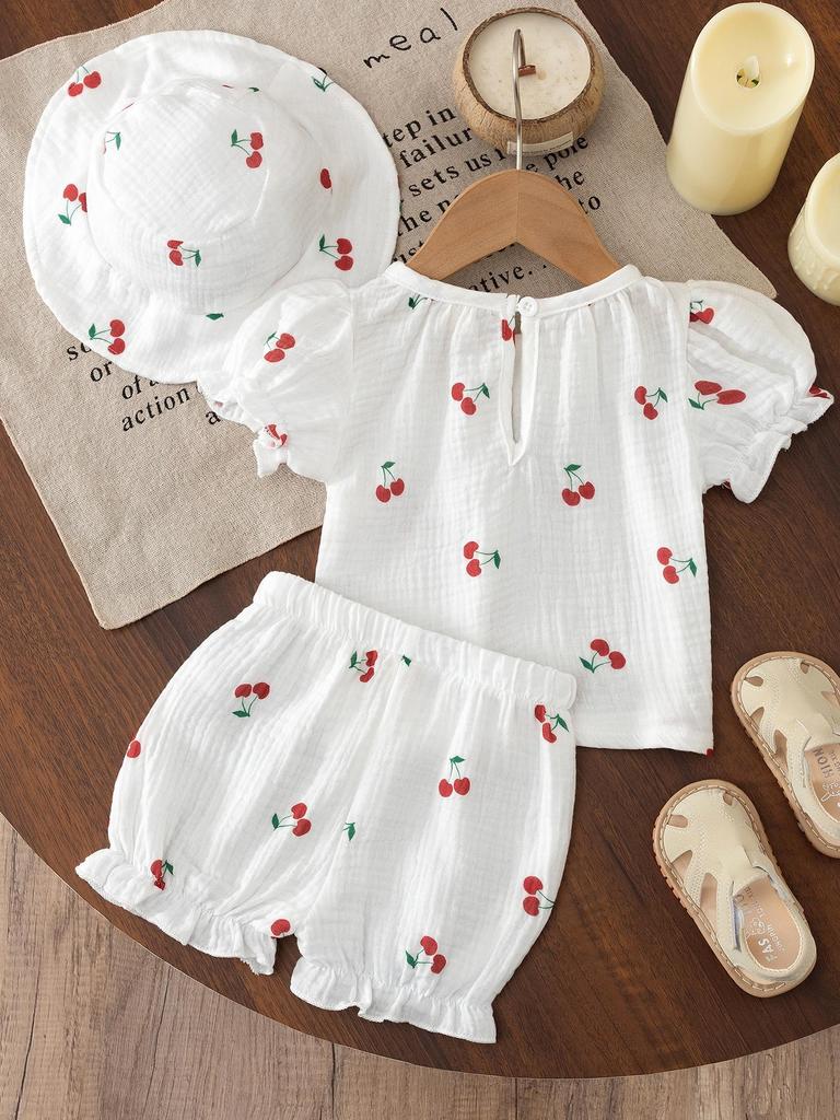 Baby Girl Cherry Print 3PCS Outfit Set with Hat