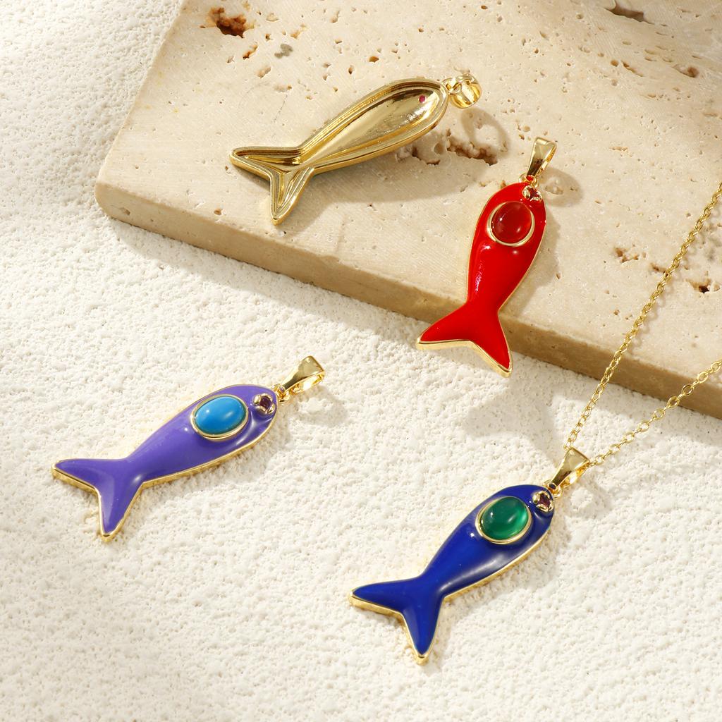 1 Piece Brass Ocean Jewelry Fish Pendants 18K Gold Plated Enamel Cubic Zirconia Charms For Jewelry Making Necklace 4.5cm X 1.6cm
