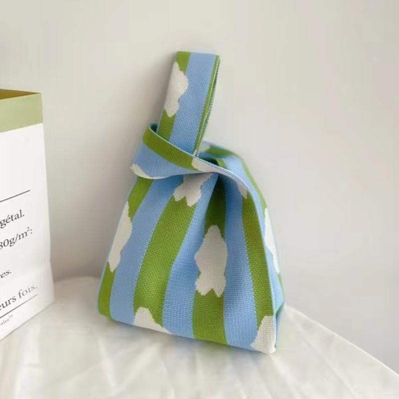 Women's Knot Wrist Bag Handmade Knitted Bag Portable Mini Striped Tote Bucket Phone Bags Large Capacity Autumn Winter Handbags