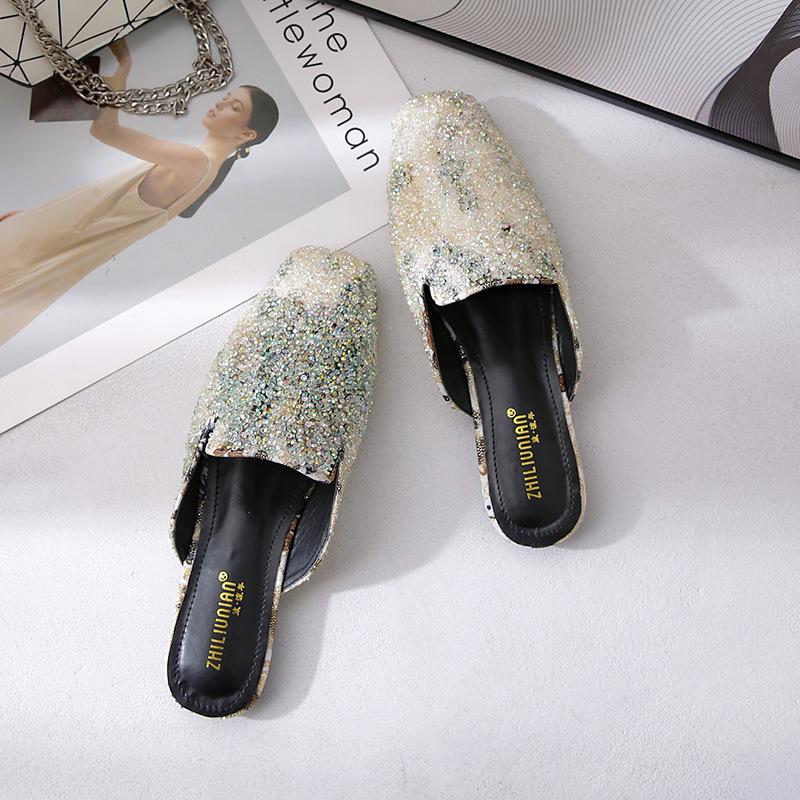 Fashion Celebrity Crystal Multicolor Mules Women Square Toe Slippers Summer Shoes Woman Sandals Flipflops Plus Size 40-43 Glitter Slides