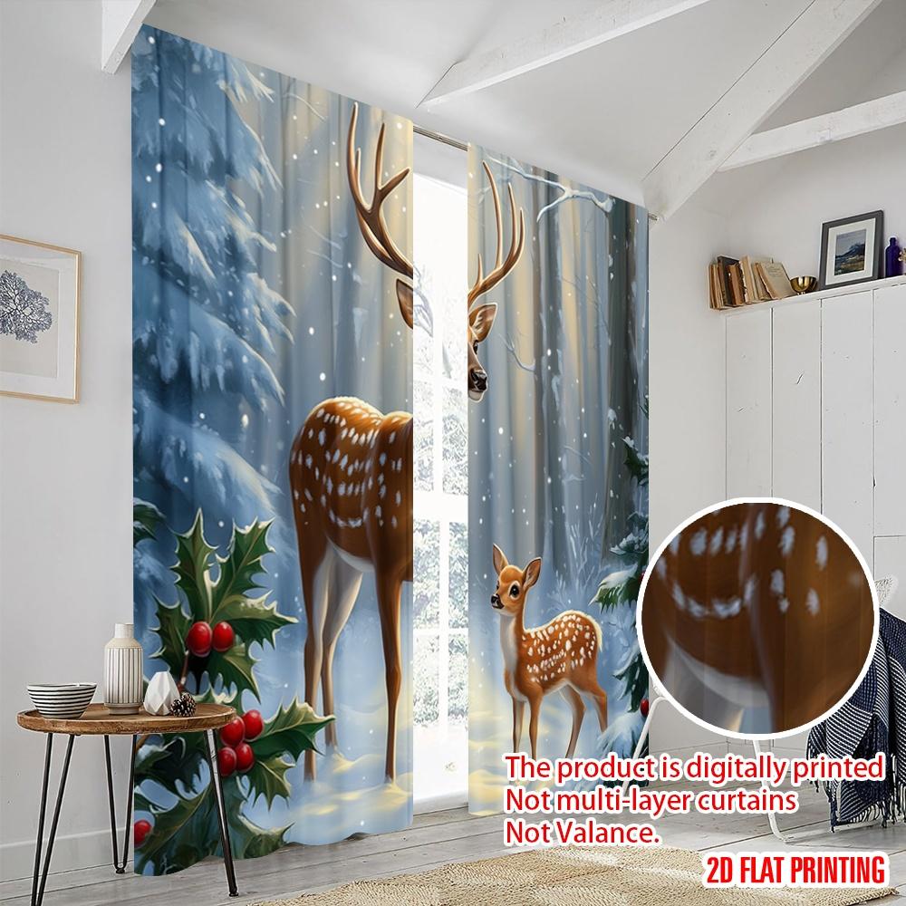 2pcs,2D Plane Printing Print Curtains Deer Family Winter Forest (3) Versatile Polyester Fabric (without Rod) Outdoor Decorations