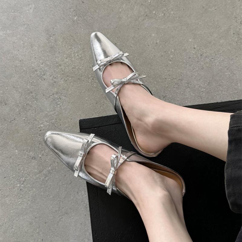 Fashion 2025 New Luxury Bow Tie Mary Jane Women's Pointed Shiny PU Leather Flat Ballet Shoes Bridal Wedding Shoes Zapatillas Mujer