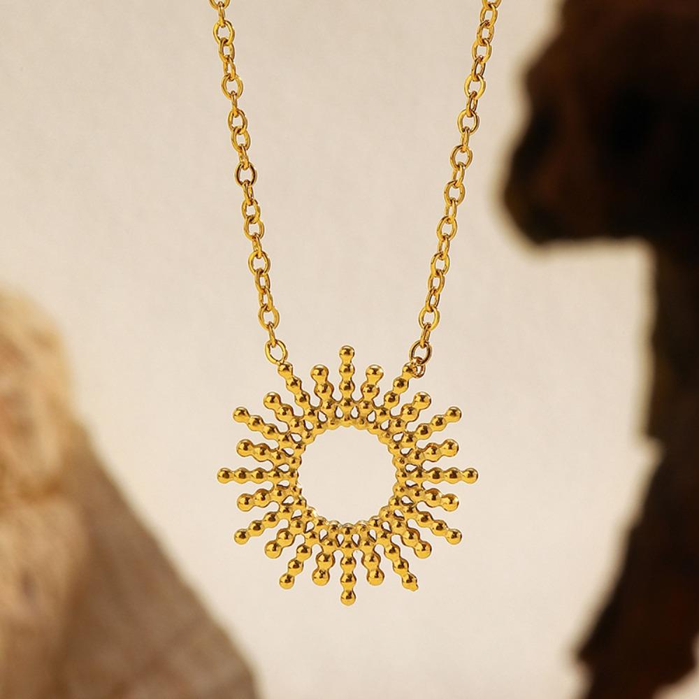 Boho Retro 14k Plated Gold Color Sunburst Sun Pendant Necklace Bracelets for Women Stainless Steel Sunflower Series Jewelry Sets