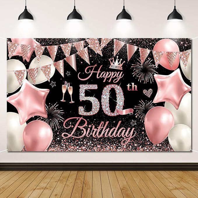 Gefeliciteerd met je 50ste Verjaardag Banner Achtergrond Zwart Goud Verjaardagsbanner Feestdecoratie Achtergrond Mannen en Vrouwen