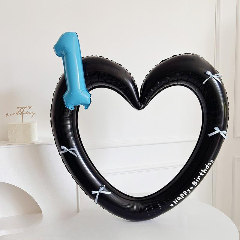 Heart Photo Frame Balloon Foil 0-9 Blue Number with Bowk Stickers for Blue Style Birthday Party Photo Props Wedding Ballon Decor