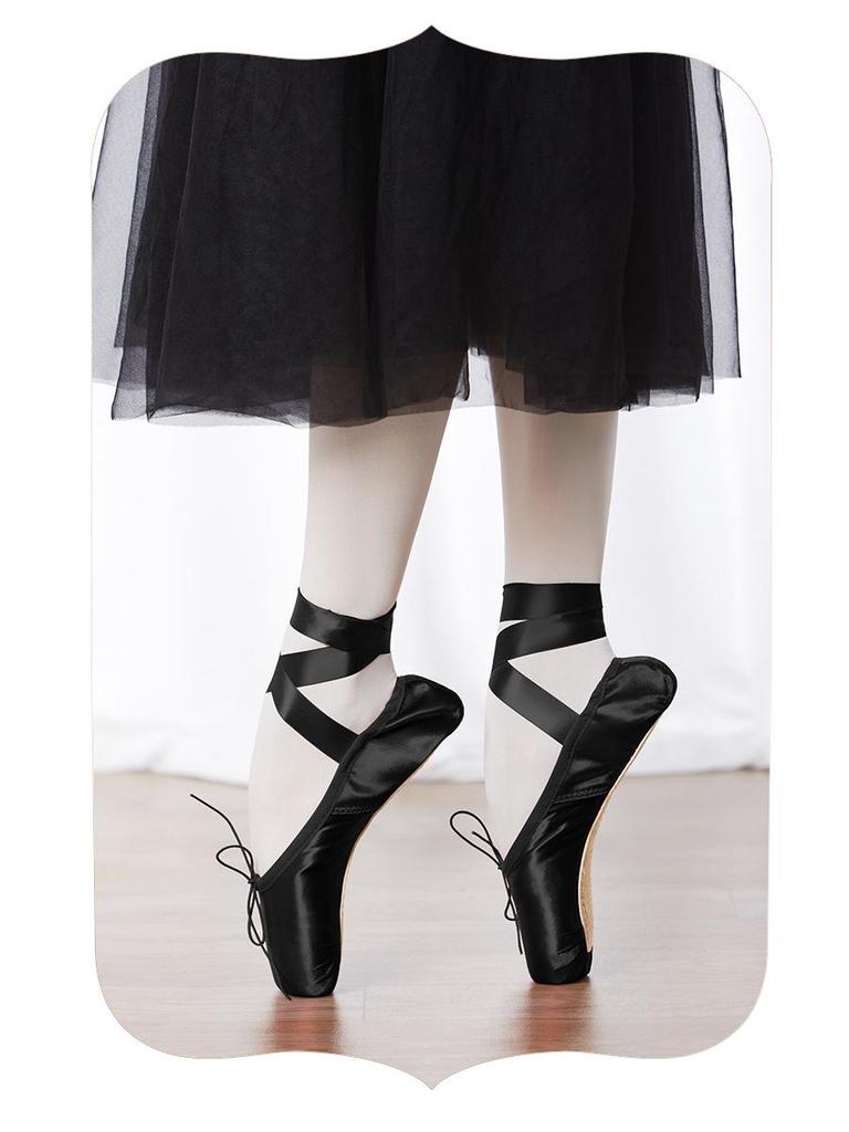 Dětské růžové saténové špičky pro začátečníky se stuhou - Tvrdá podrážka Dospělé taneční cvičky