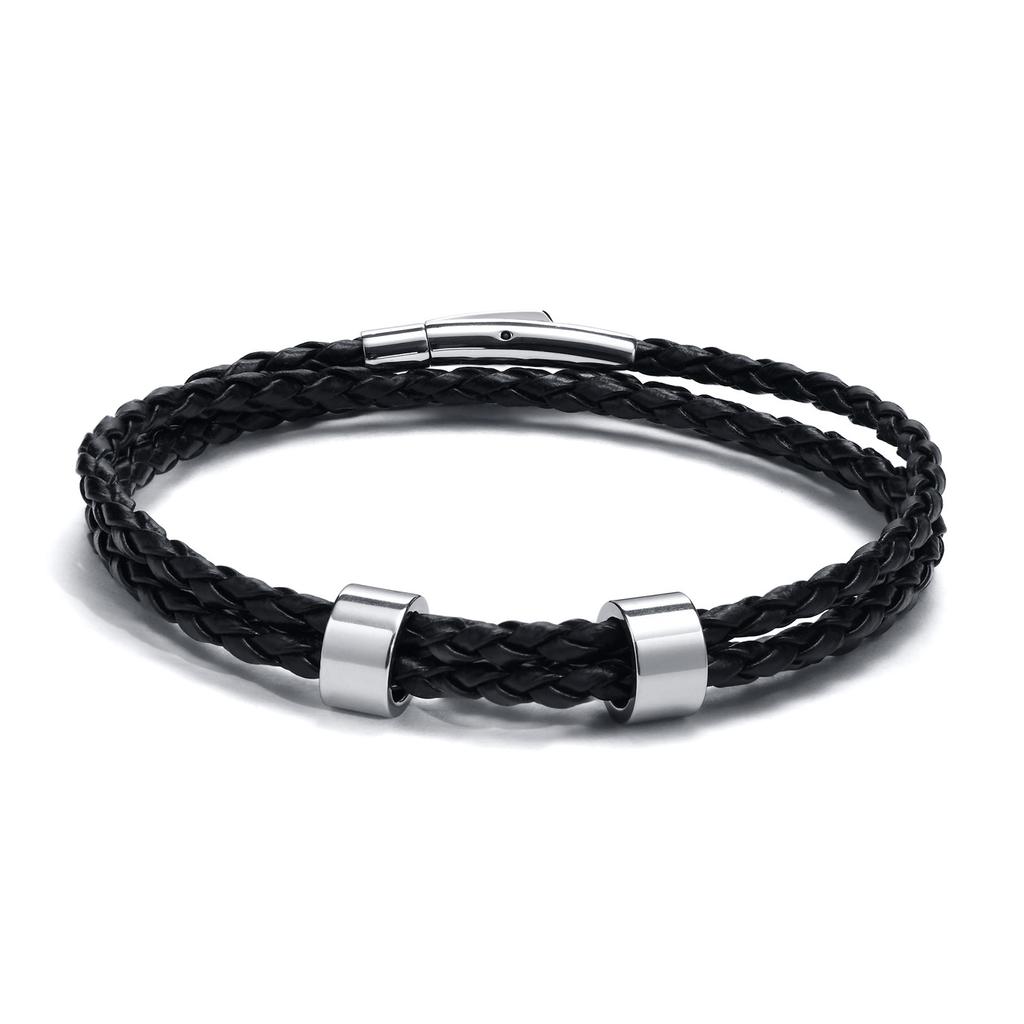 Vnox Free Custom Name Mens Braided Genuine Leather Bracelet Gifts Jewelry,Stainless Steel Beads Charm with Family Names,Dad Gift