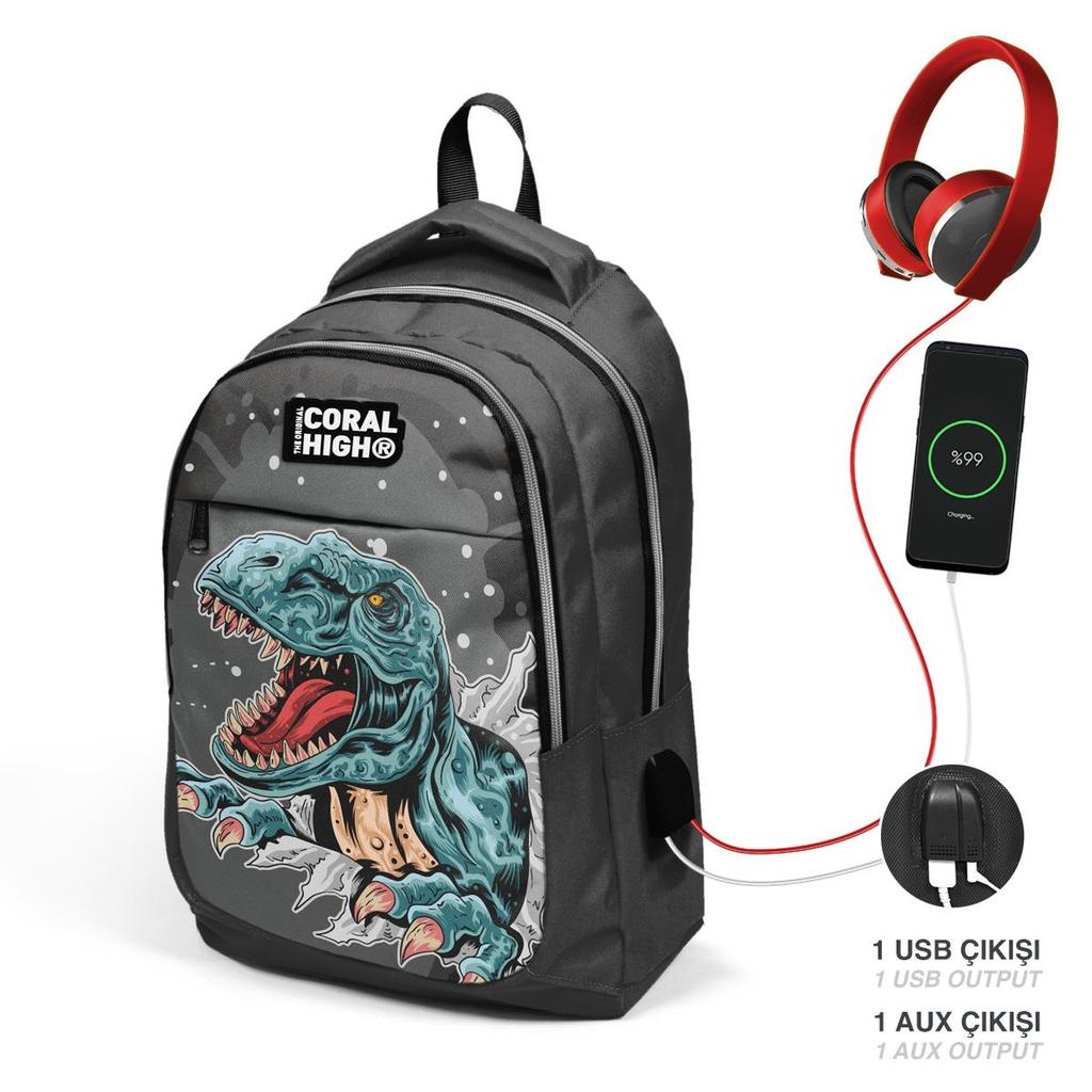 Tříkomorový USB školní batoh Coral High Kids Dark Grey Black se vzorem dinosaura 23420