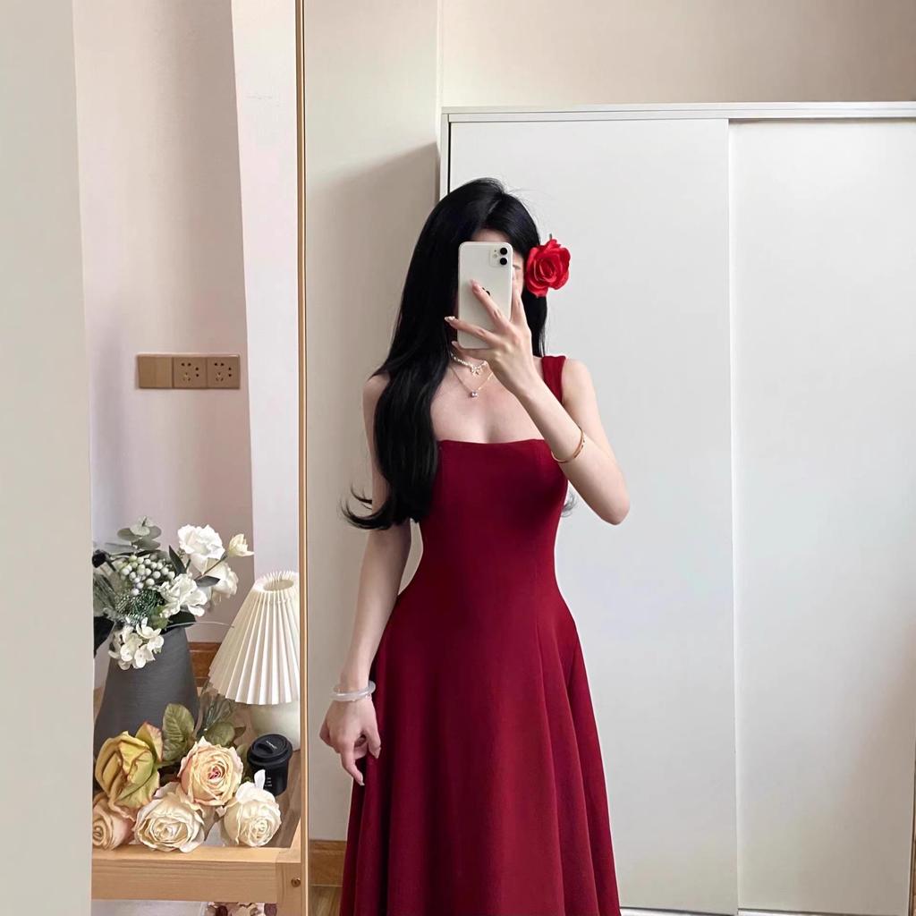 Elegant Red Hepburn Style Spaghetti Strap A-line Dress for Women - Summer 2026 Collection