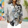 Women Plus Size Collared Long Sleeve Abstract Geometric Printed Button Front Curved Hem Shirt