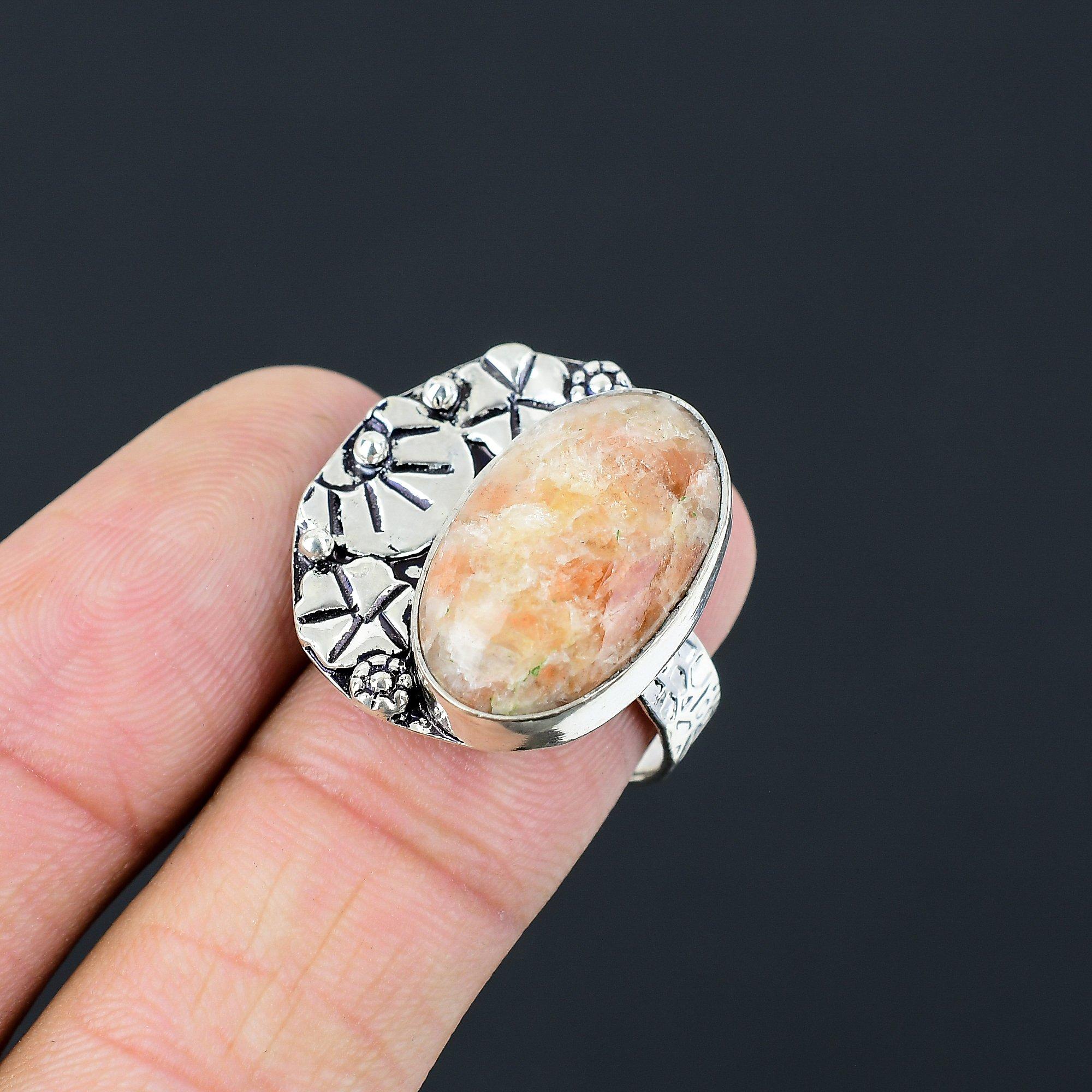 Sacral Chakra Oval Sunstone Gemstone Stackable Wedding Wife Ring 925 Silver US 8 8