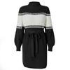 Spring Fall Patchwork Above Knee Mini Knitting Sweater Dress Women Casual Straight Half High Collar Full Lantern Sleeve Loose Waist Bandage S-XL