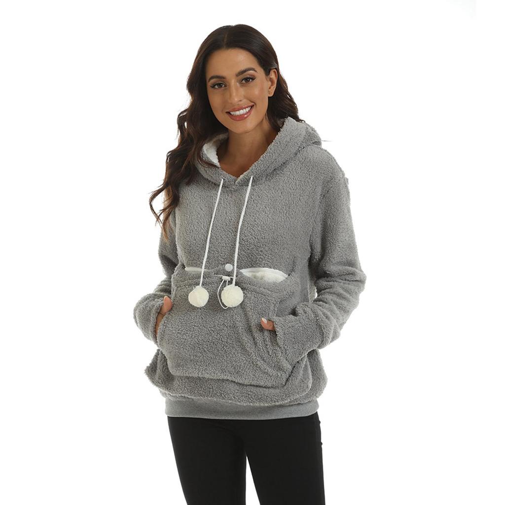 Felpa con cappuccio da donna, grande, con marsupio, autunno inverno, casual, per cani e gatti