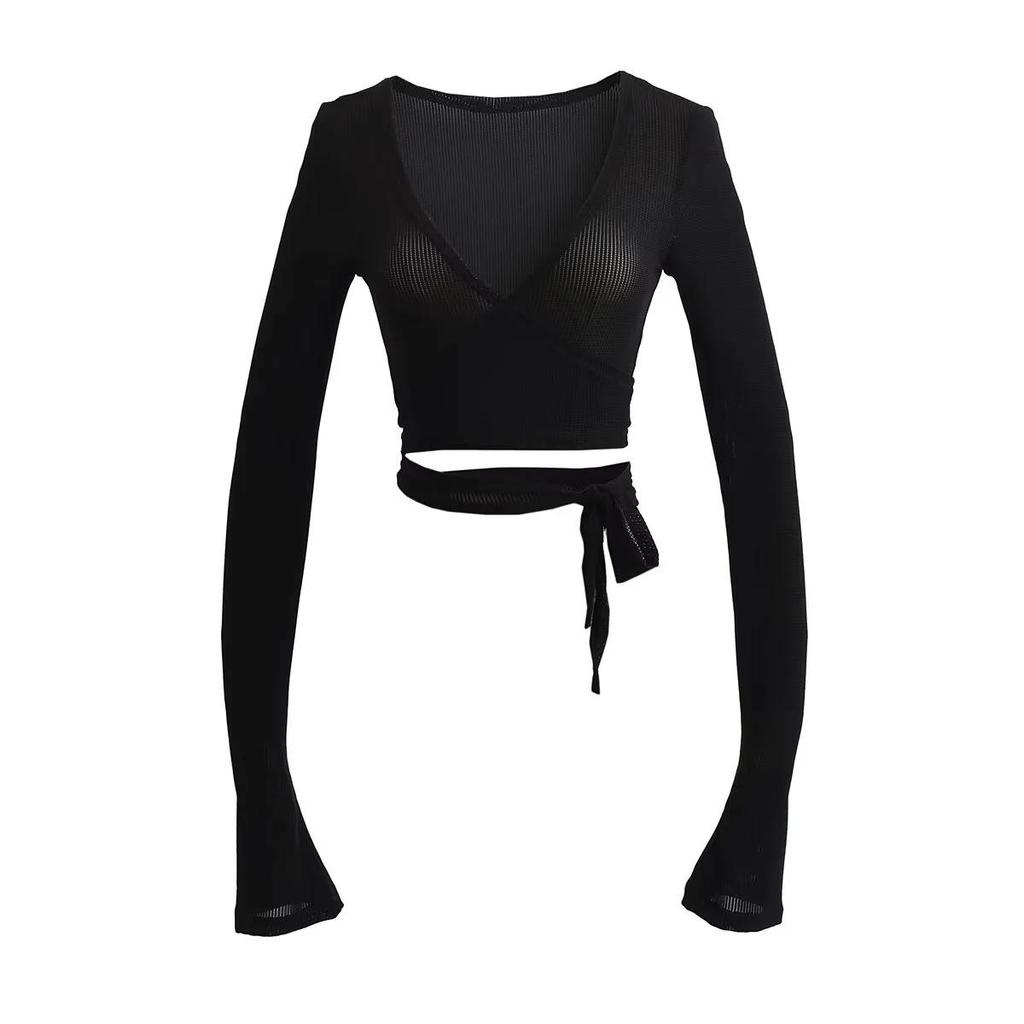 Women's Thin V-neck Cropped Top with Waist Tie & Bell Sleeves - Spring/Summer Long Sleeve Sun Protection