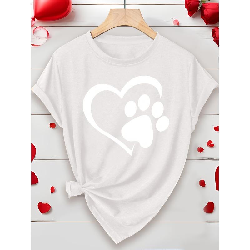 European size Valentine's Day Elegant Party Women's Heart Dog Paw Print Round Neck Short Sleeve