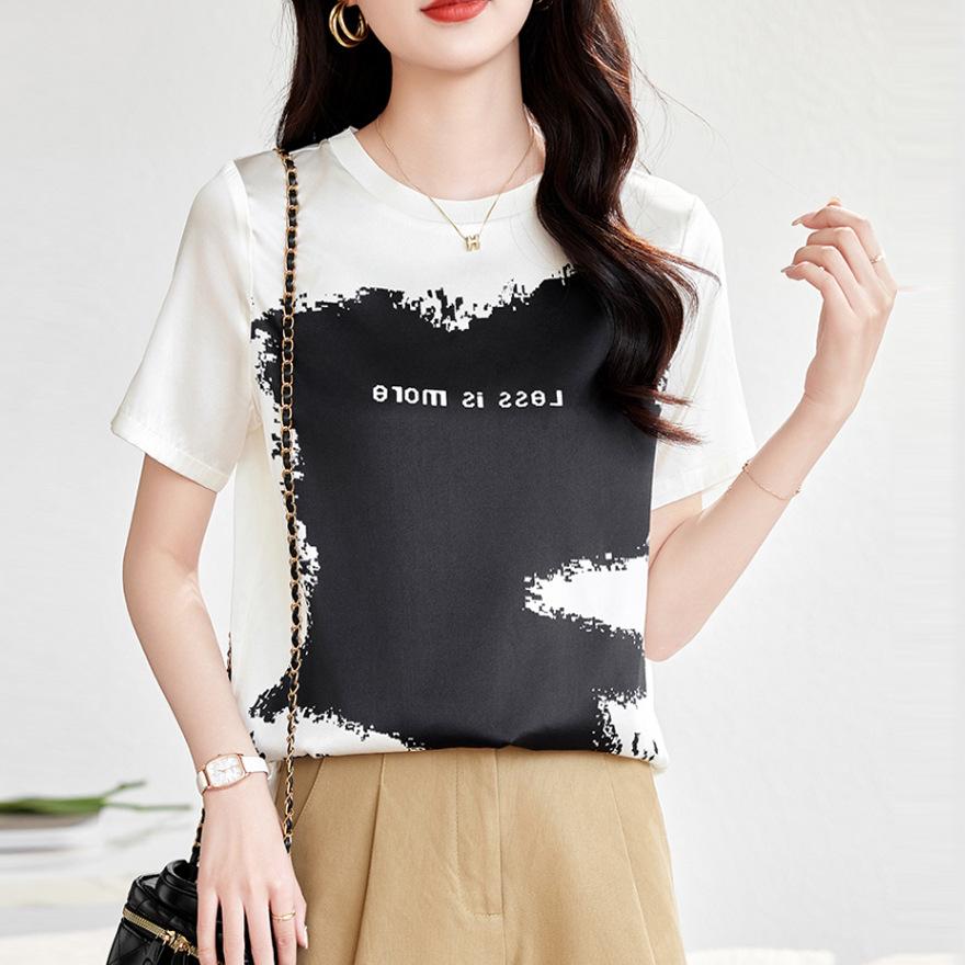 Fashion Silk T-shirt Women's Short-sleeved Summer New Fashion Printing Niche Design Mulberry Silk Top