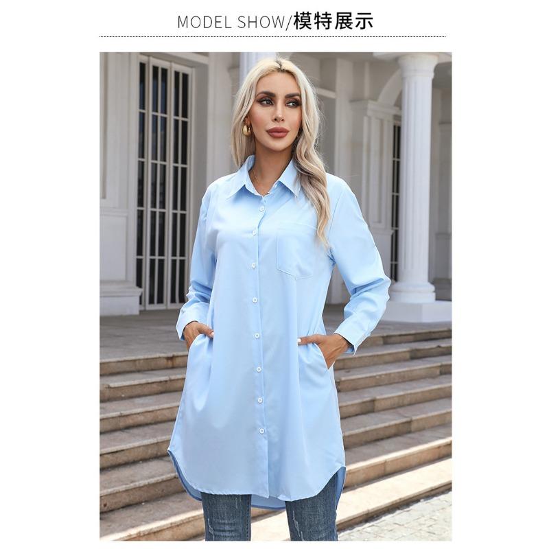 Women Casual Loose Long Length Solid Color Long Sleeve Shirt