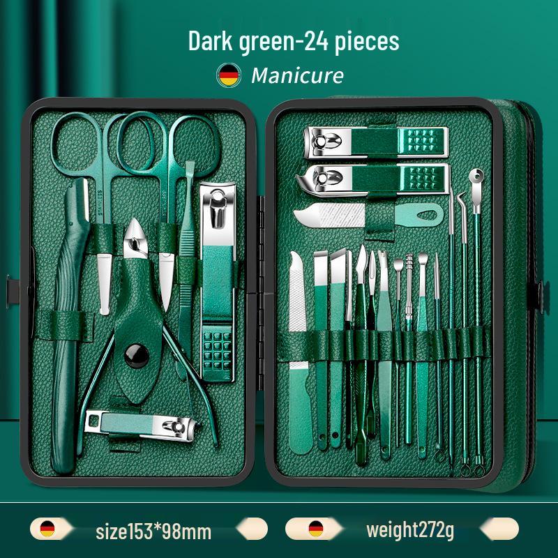 24-Piece Professional Dark Green Manicure Set with Nail Clippers & Scissors