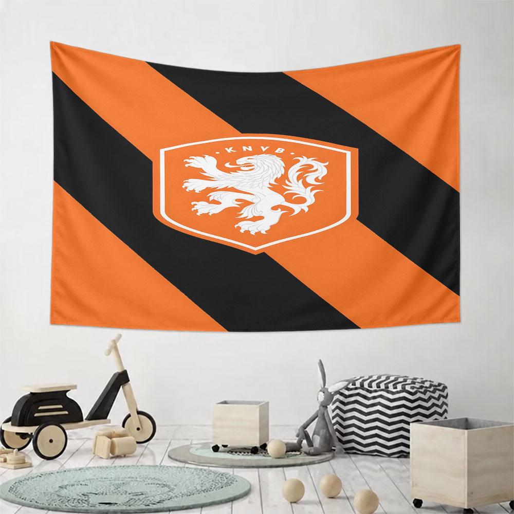 Orange Lion KNVB Emblem on Striped Background Pattern Wall Hanging Tapestry Decorative Tapestry Home Decor for Bedroom and Living Room