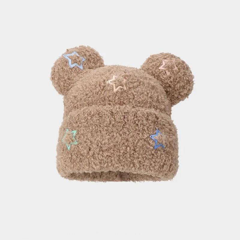 Neue Winterpullovermütze im koreanischen Stil mit süßem Bären, verdickte Strickmütze für Frauen, warme Plüsch-Strickmütze, um kleines Gesicht zu zeigen