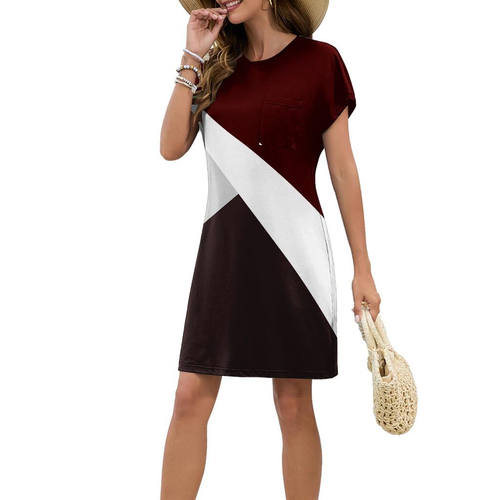 Women's Fashion Casual Summer Retro Line Printed Short Sleeve Round Neck Loose Dress