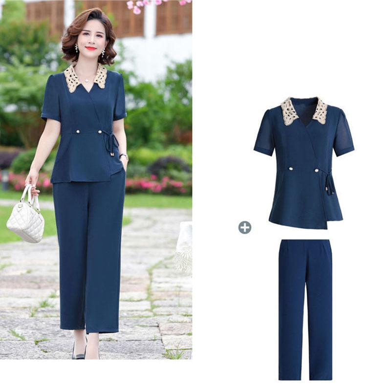 Solid Color Chiffon Suit Summer Office Lady Loose Casual Two-piece Short-sleeved Shirt + Loose Wide-leg Pants Summer