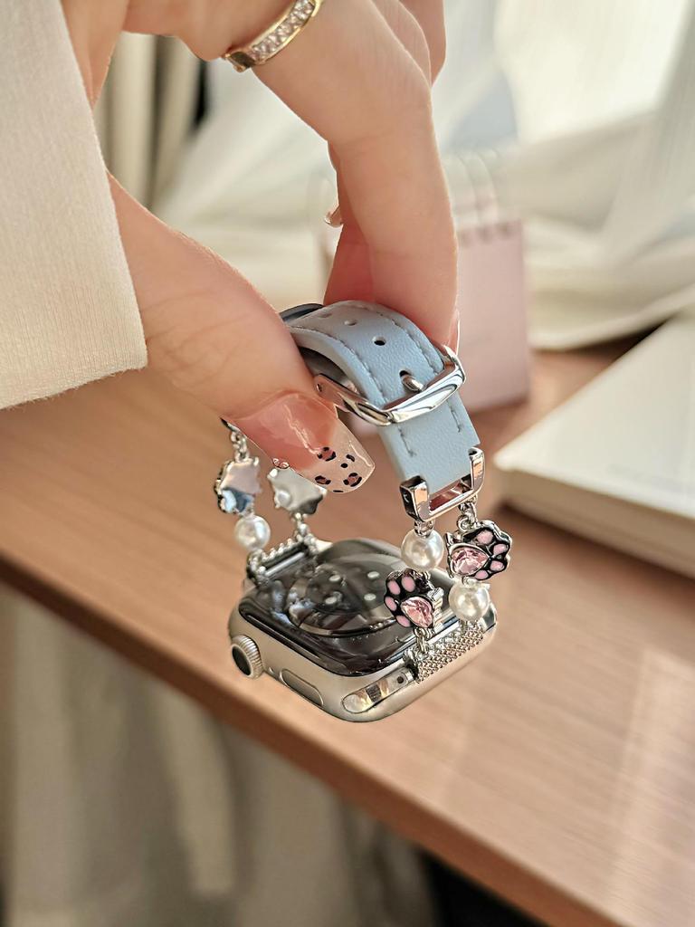 Cat Paw Pearl Leather Strap for Apple Watch Series 11, Xiaomi Band 8/9/10, Huawei Fit.