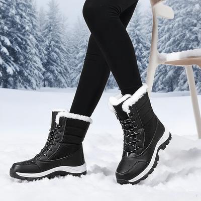 Mode 2025 Winter Damen Wasserdichte High Heel Stiefel Schnürstiefel Flachabsatzstiefel Warme Schneeschuhe, Plüsch Outdoor Mode Freizeitstiefel