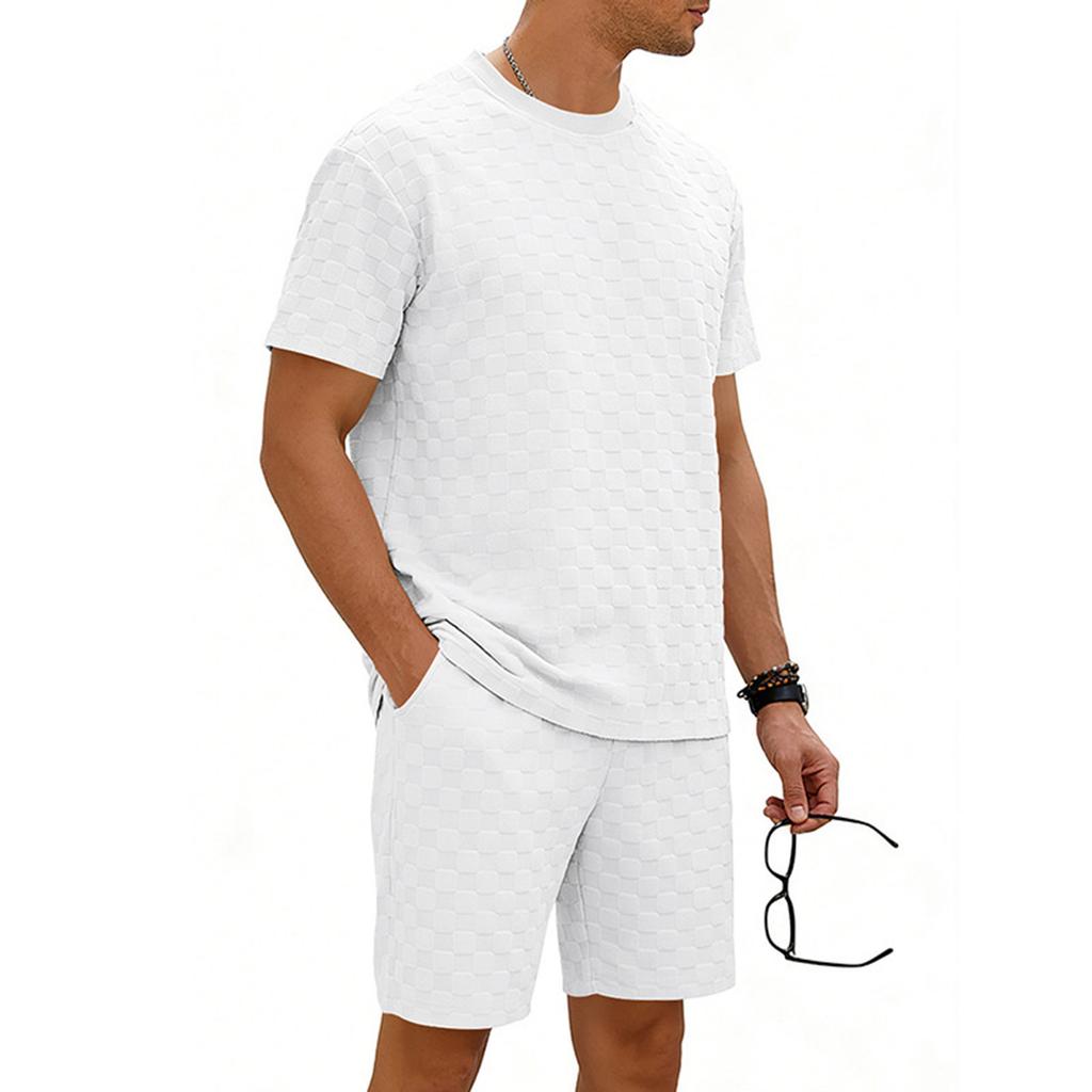 Men's Round Neck Checkered Casual Short Sleeve Drawstring Shorts Set