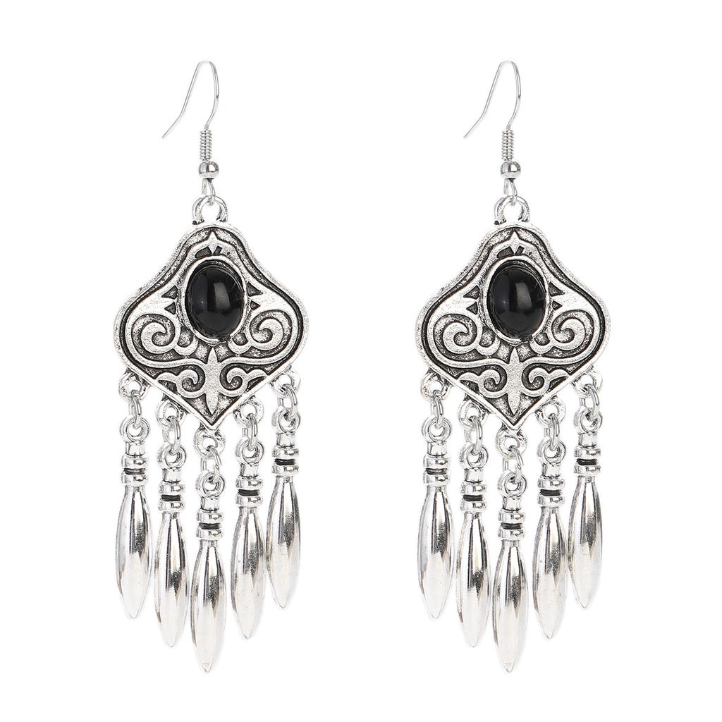 Vintage Ethnic Natural Stone Indian Earrings Jhumka Female Antique Silver Plated Geometric Carved Earrings Party Tassel Jewelry