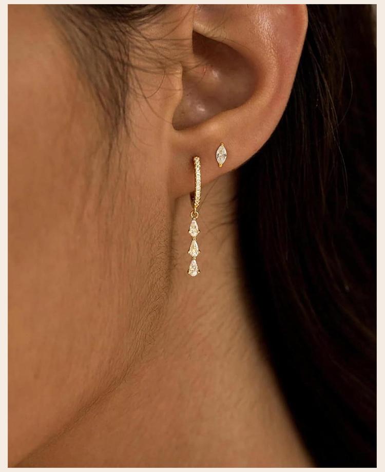 Drop Fringe Earrings, 14K Gold Plated Long Lasting Tarnish Free Marquise Pear Cut CZ Piercing Stud Jewelry Luxury Party Jewelry