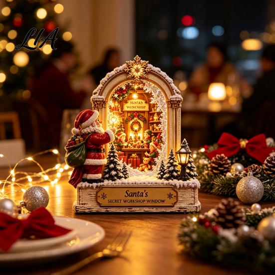 Holiday Party Table Settings Christmas Wooden Window Scene Figurine, Double-Sided Print Sign with Santa Workshop Indoor Displays Snow Town Train,