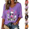 Women's V-Neck Three-Quarter Sleeve Halloween Print Top Blouse for Casual Fall Outfit