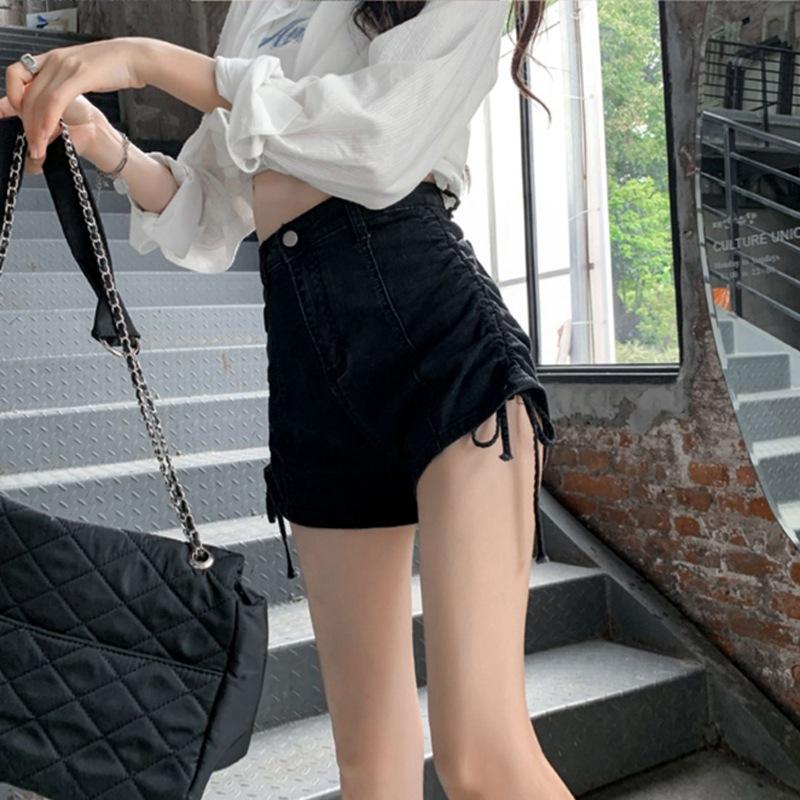 Modaya Uygun Çok Yönlü İpli Yüksek Belli Streç Denim Şort Kadın Pilili Pantolon Yaz Tasarımı Yüzde Yüz Uyumlu İnce Geniş Paça Pantolon