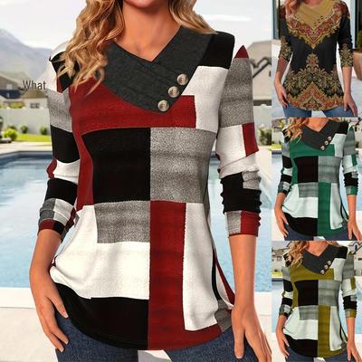 Damski Modny Top Plus Size w Kolorowe Bloki z Dekoltem V