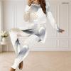 Women Plus Size Round Neck Long Sleeve Printed Longline Top Fitted Pants Two Piece Set