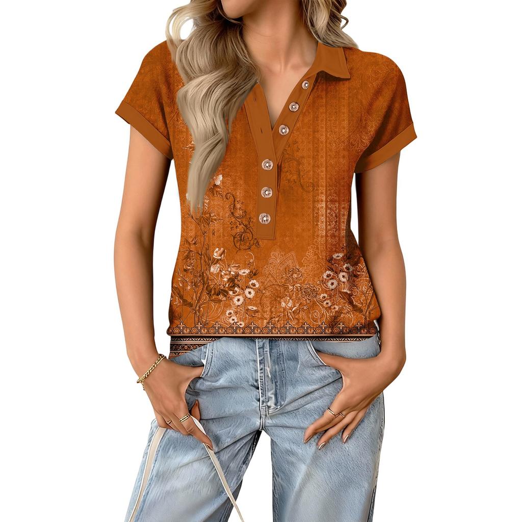 Modny i casualowy damski letni top z dekoltem V, patchworkowy, z krótkim rękawem, w stylu retro z nadrukiem