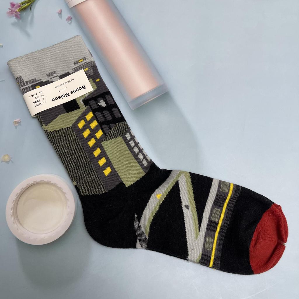 Bonne Maison: Retro-Ölgemälde-Socken für Damen, mittelhoch, luxuriös, französisch, bis zur Wade