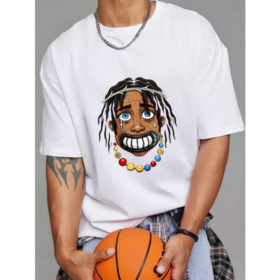 Baumwoll T-Shirt Weiß Jesus Christus mit Dornenkrone und Buntperlen Aufdruck Lässige Streetwear für Männer
