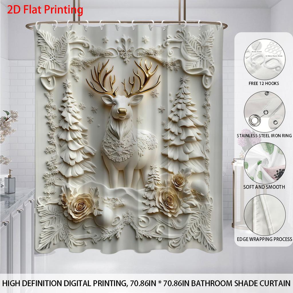 1PC Imitation Relief Christmas Reindeer Print Waterproof Shower Curtain Partition Privacy Hanging Curtain 12 Hooks Multiple Size