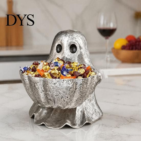 Gothic Home Accessories Halloween Ghost Candy Bowl, Resin Decorative Storage Dish, Silver Sculpture Gray Snack Holder, for Tabletop And Entryway Cute