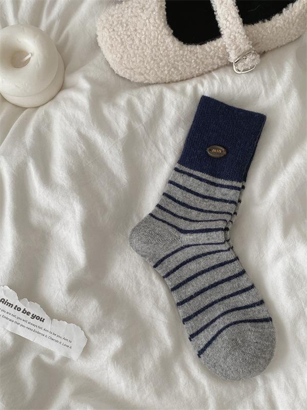 Egg Button Wool Socks Children'S Season Socks Striped Thickened Warm Stacking Socks Winter Confinement Socks