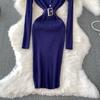 Spring Autumn Women Full Sleeve Knitted Sweater Office Work Slim Bodycon Pencil Dresses with Belt