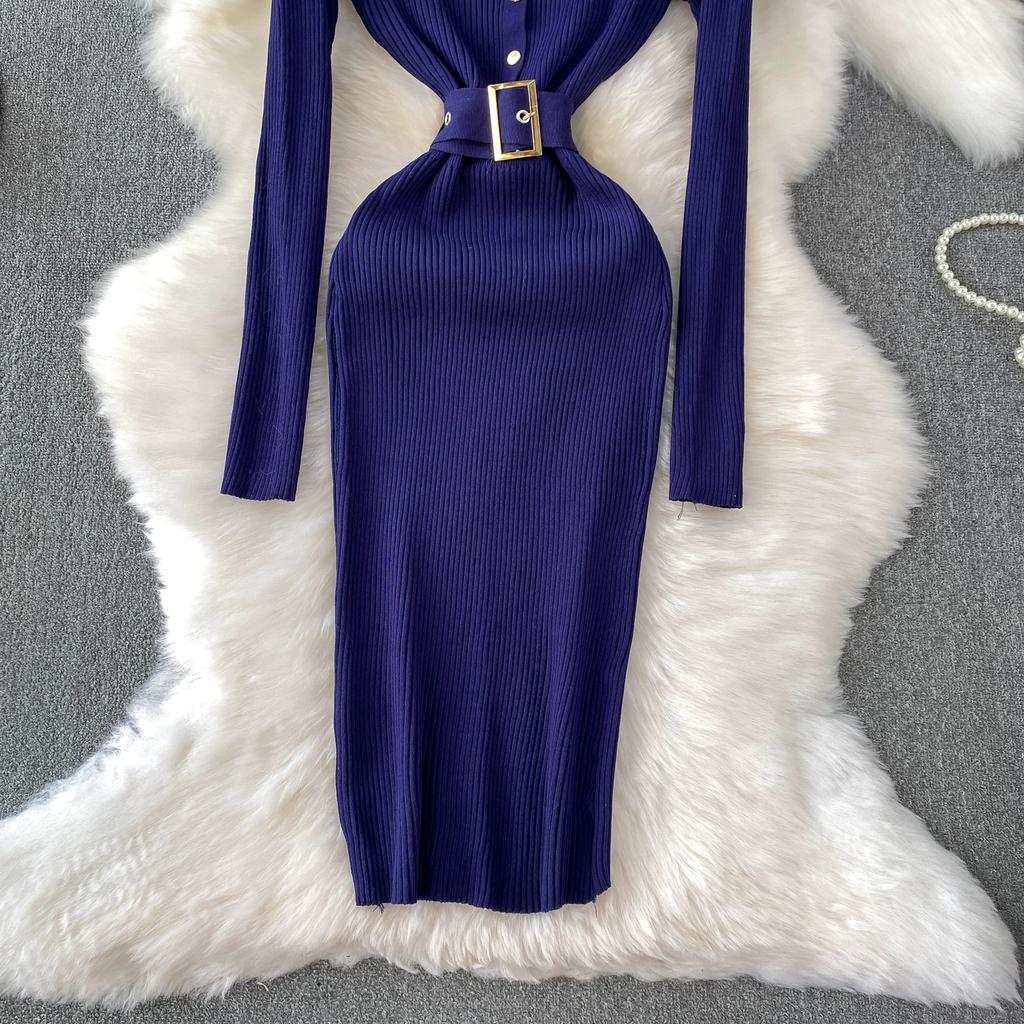 Spring Autumn Women Full Sleeve Knitted Sweater Office Work Slim Bodycon Pencil Dresses with Belt
