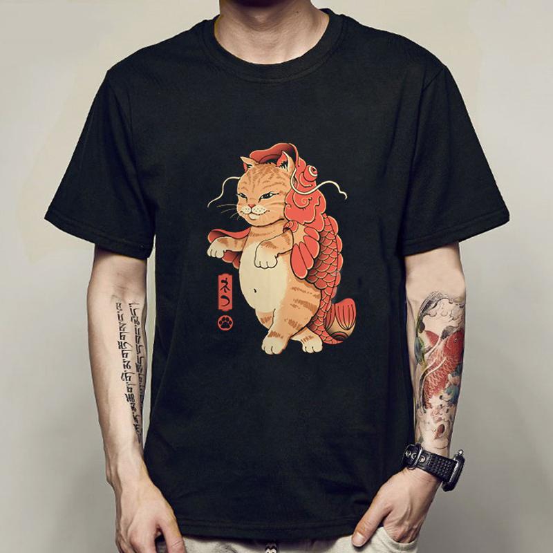 New Fashion Summer Mens T Shirt Casual Short Sleeve Samurai Cat Print Anime Tshirt Men Women Japanese Neko Sushi Wave Tops