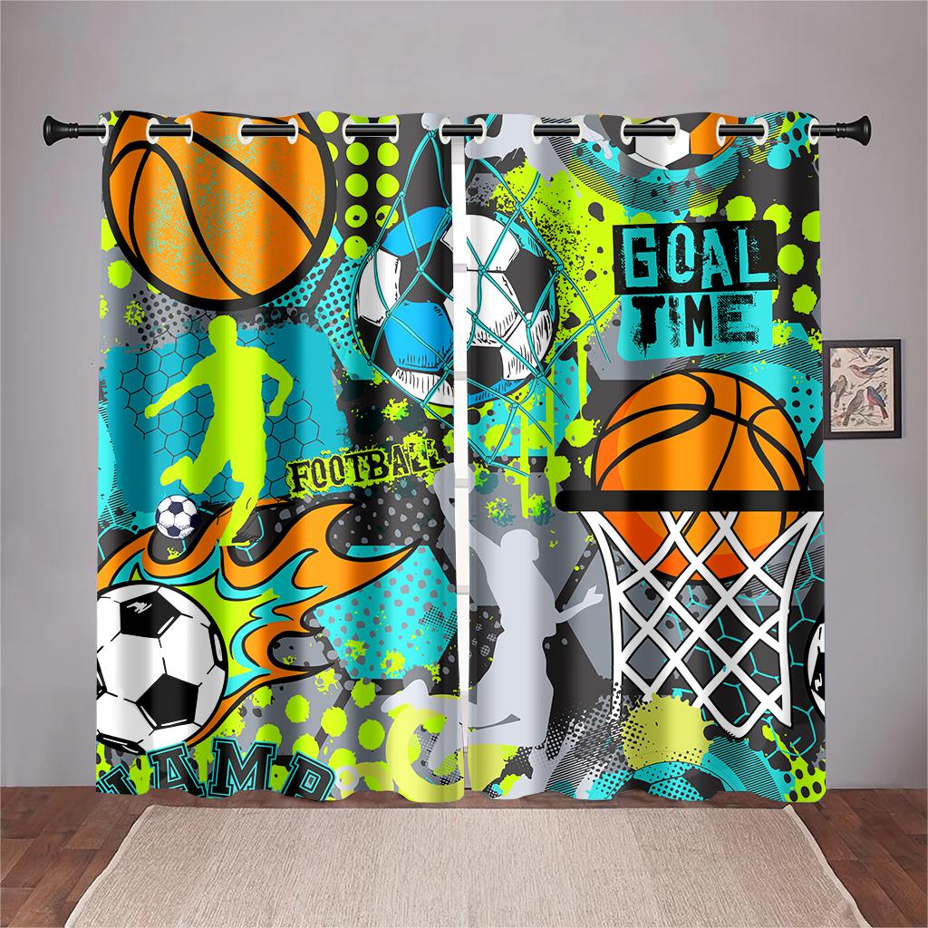 2 panel Football Soccer Rugby Basketball Printed Curtains for Sports Boys Bedroom Blinds Floor-to-ceiling Windows Grommet Top