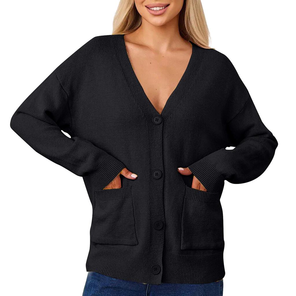 Suéter tipo cárdigan informal de color liso para mujer con bolsillos para abrigo de mujer