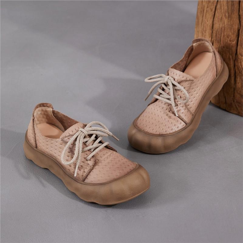 Johnature Retro Lace Up Soft Soled Shoes Comfortable Genuine Leather Versatile Women's Flat Shoes